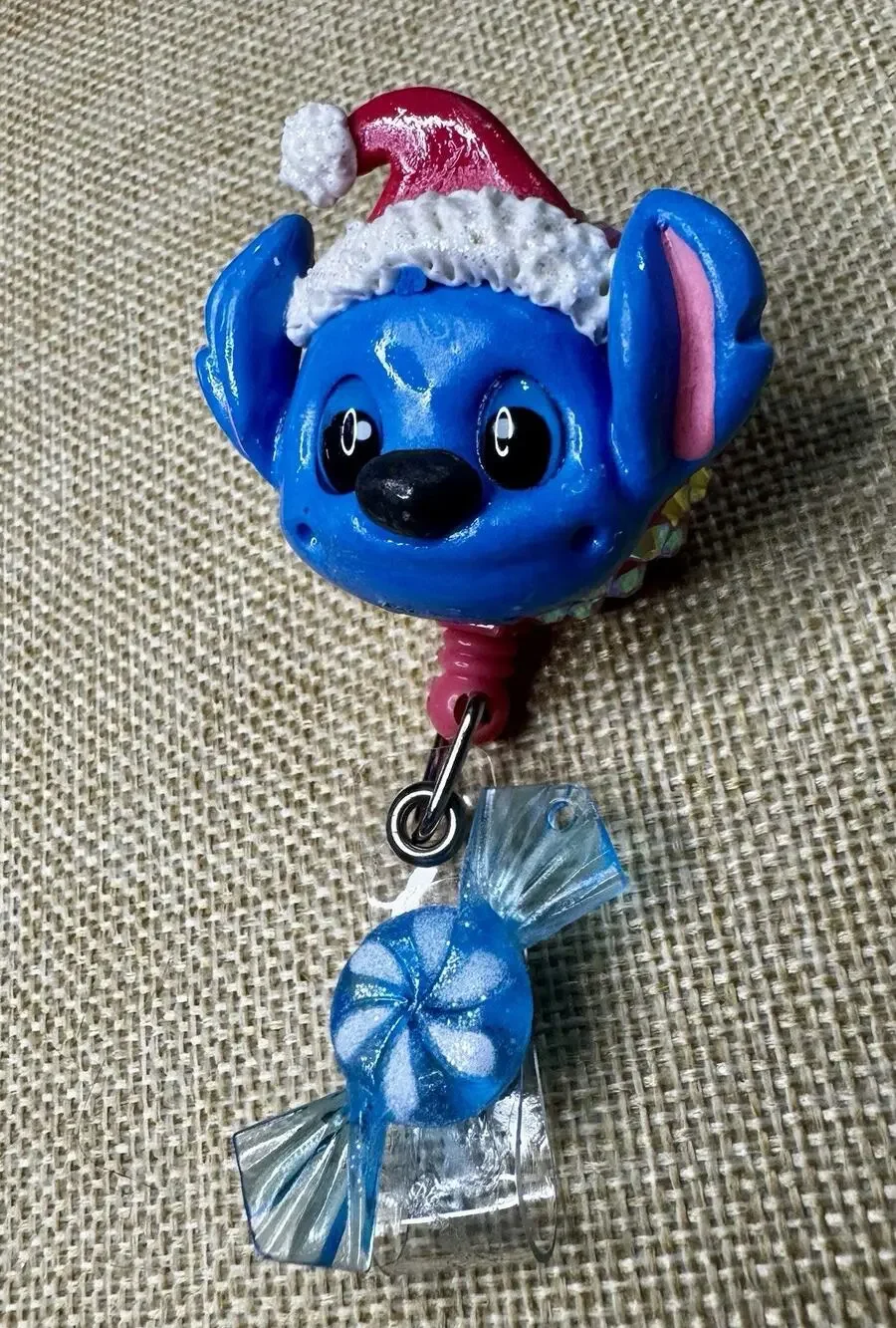 Stitch Christmas Retractable Badge Reel With Pink Rinestones, Alligator Clip